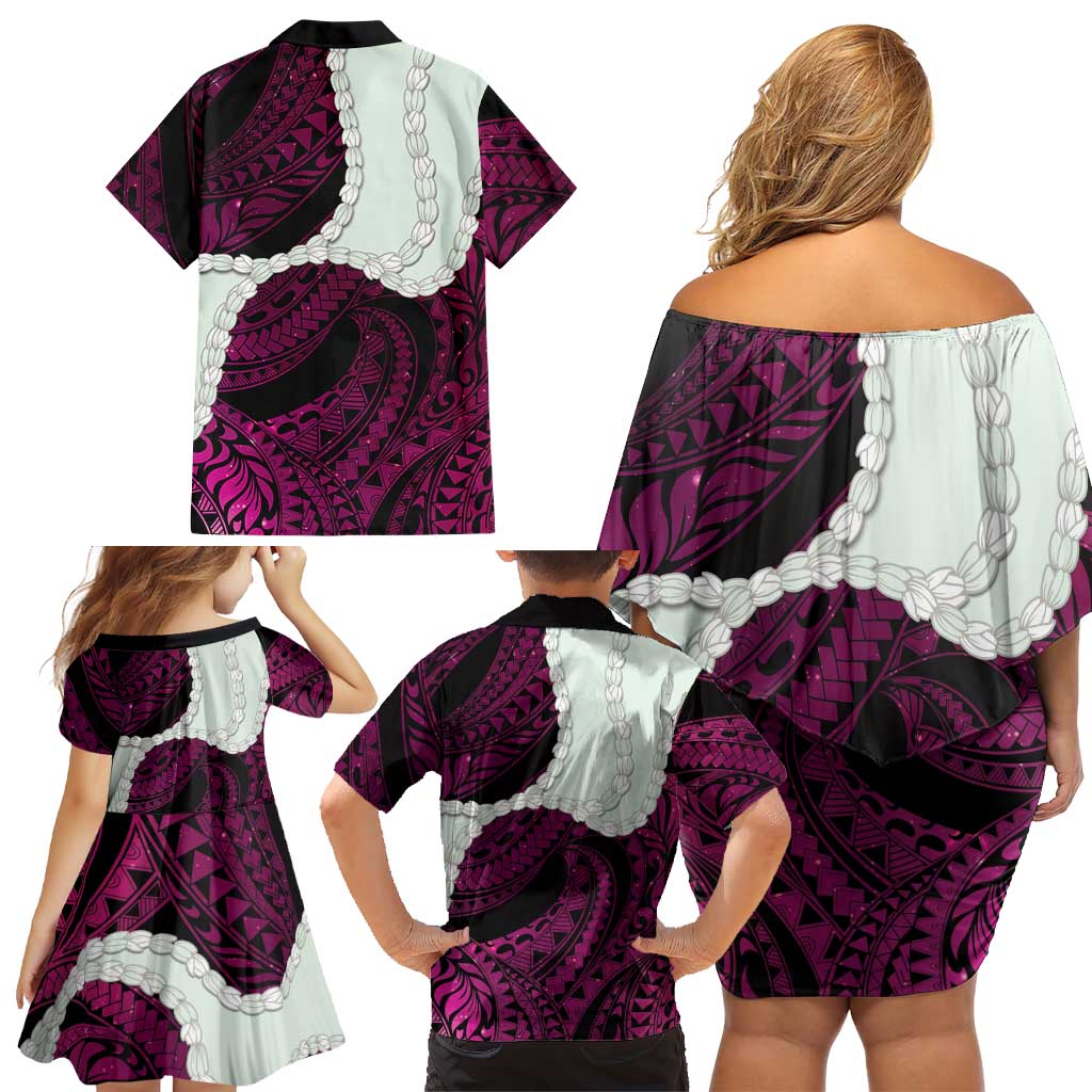 Pink Galaxy Polynesia Tribal Octopus Tattoo Family Matching Off Shoulder Short Dress and Hawaiian Shirt Pikake Lei Polynesian Pattern