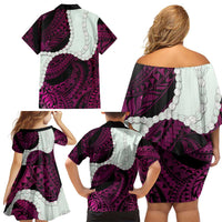 Pink Galaxy Polynesia Tribal Octopus Tattoo Family Matching Off Shoulder Short Dress and Hawaiian Shirt Pikake Lei Polynesian Pattern