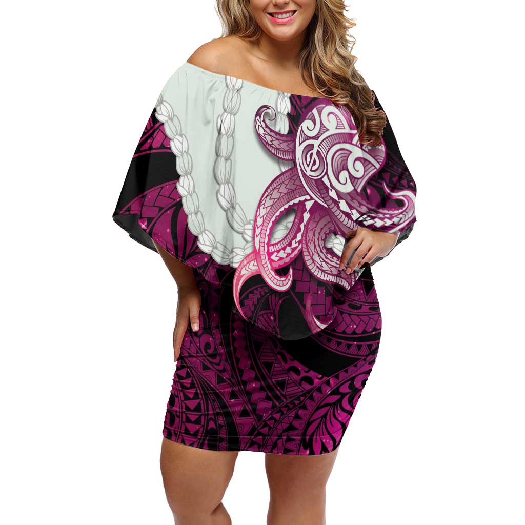 Pink Galaxy Polynesia Tribal Octopus Tattoo Family Matching Off Shoulder Short Dress and Hawaiian Shirt Pikake Lei Polynesian Pattern