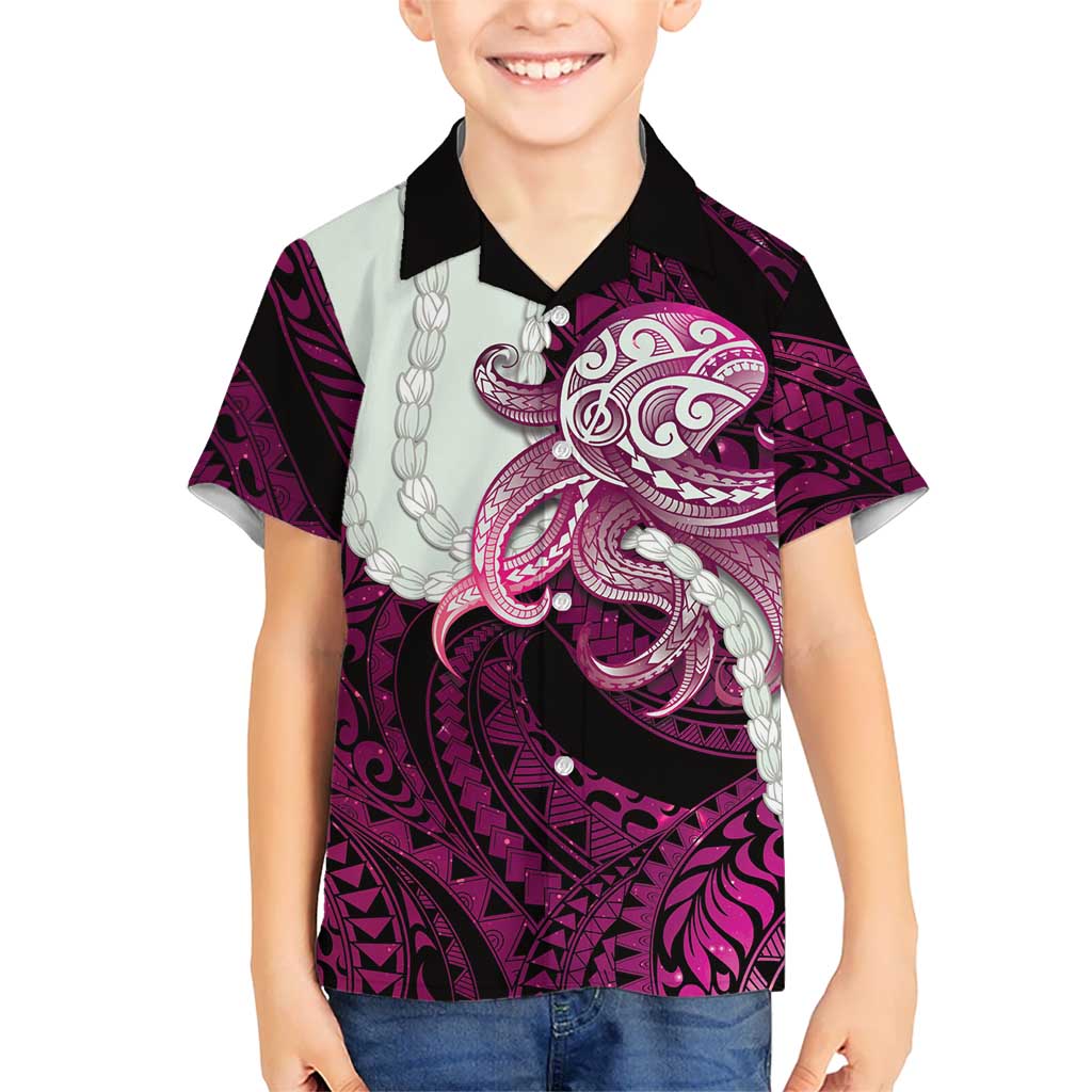 Pink Galaxy Polynesia Tribal Octopus Tattoo Family Matching Off Shoulder Short Dress and Hawaiian Shirt Pikake Lei Polynesian Pattern
