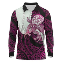 Pink Galaxy Polynesia Tribal Octopus Tattoo Long Sleeve Polo Shirt Pikake Lei Polynesian Pattern