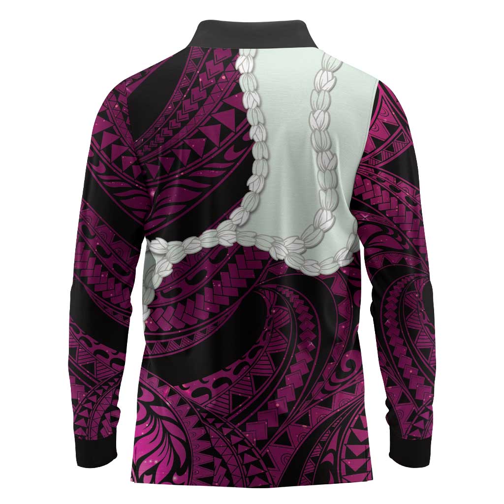 Pink Galaxy Polynesia Tribal Octopus Tattoo Long Sleeve Polo Shirt Pikake Lei Polynesian Pattern