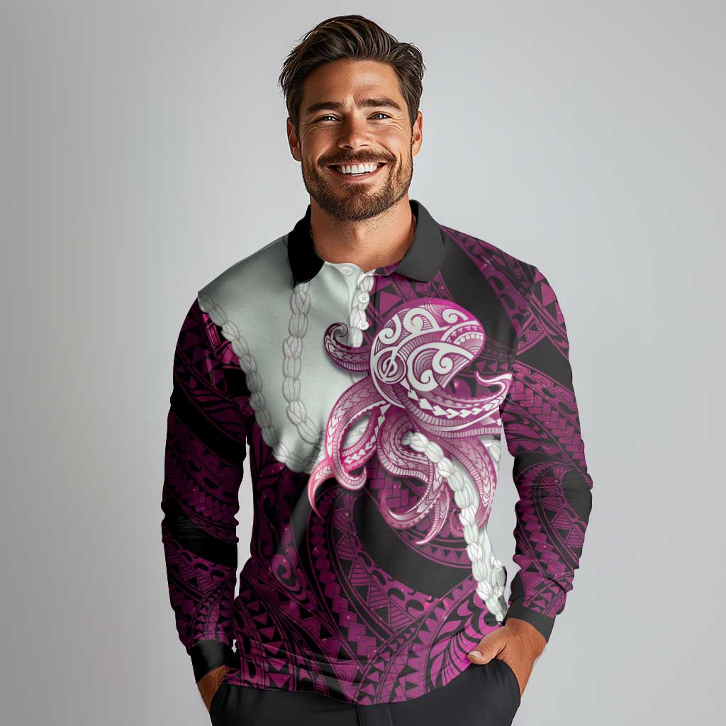 Pink Galaxy Polynesia Tribal Octopus Tattoo Long Sleeve Polo Shirt Pikake Lei Polynesian Pattern