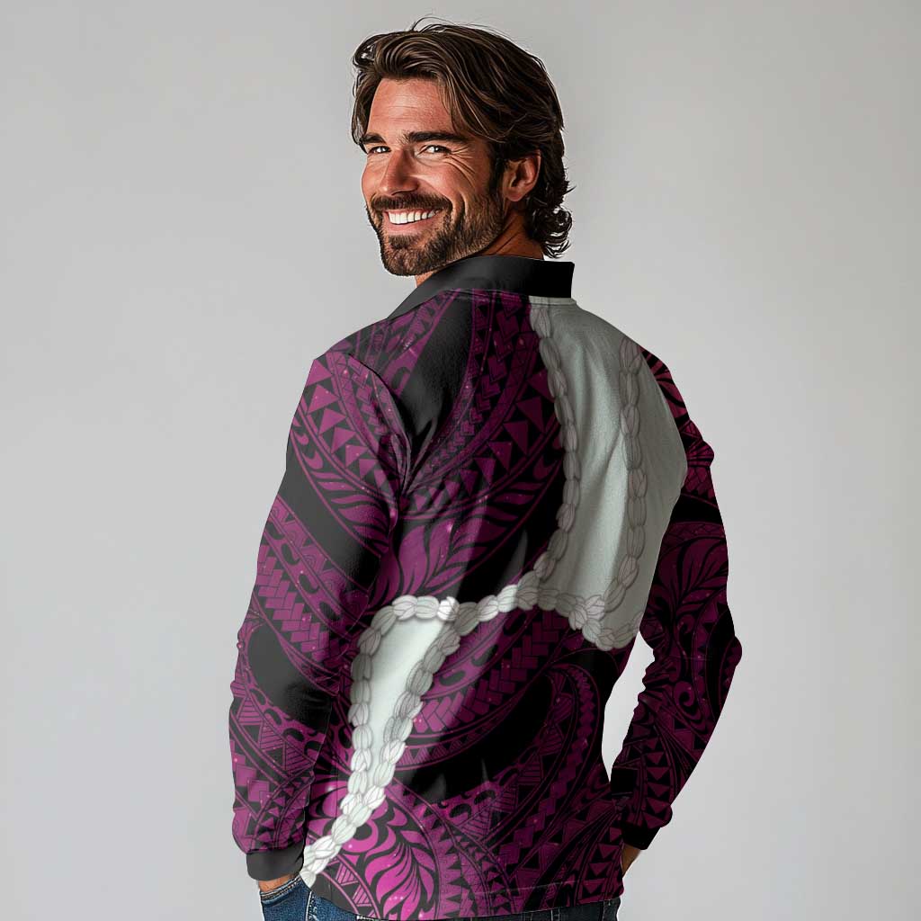 Pink Galaxy Polynesia Tribal Octopus Tattoo Long Sleeve Polo Shirt Pikake Lei Polynesian Pattern