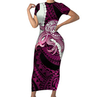 Pink Galaxy Polynesia Tribal Octopus Tattoo Short Sleeve Bodycon Dress Pikake Lei Polynesian Pattern