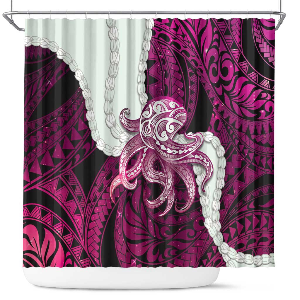 Pink Galaxy Polynesia Tribal Octopus Tattoo Shower Curtain Pikake Lei Polynesian Pattern