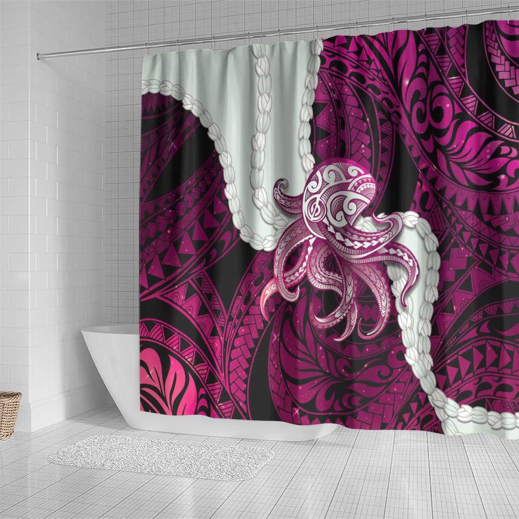Pink Galaxy Polynesia Tribal Octopus Tattoo Shower Curtain Pikake Lei Polynesian Pattern