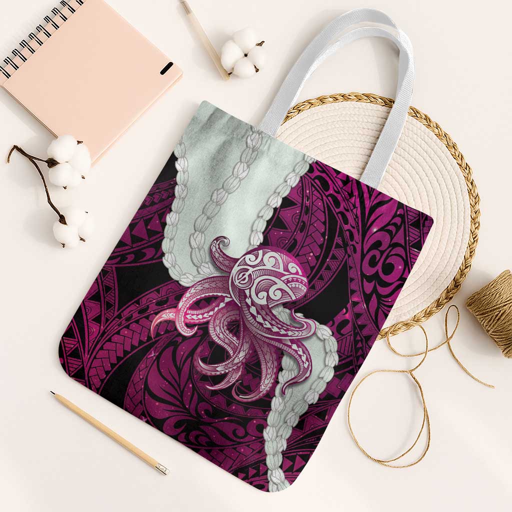 Pink Galaxy Polynesia Tribal Octopus Tattoo Tote Bag Pikake Lei Polynesian Pattern