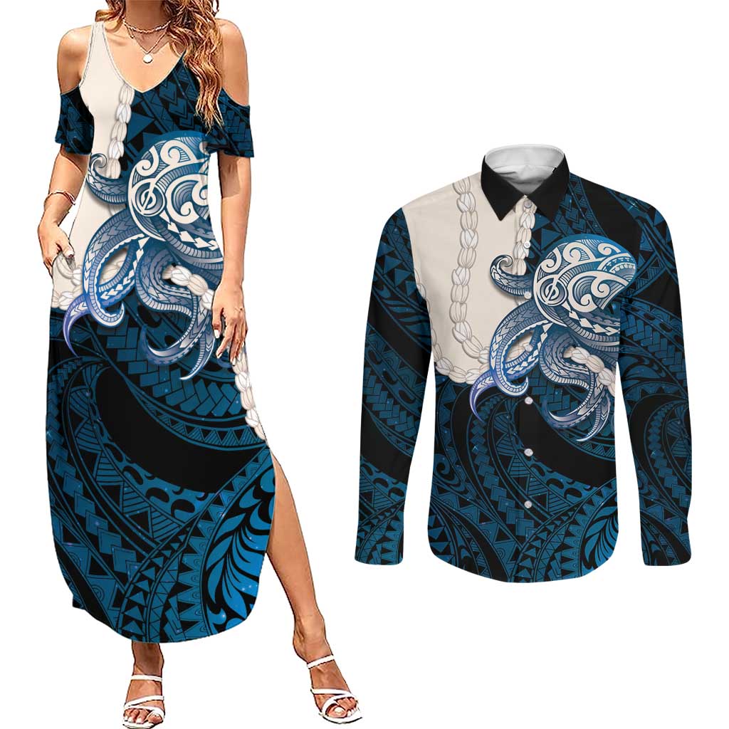 Blue Galaxy Polynesia Tribal Octopus Tattoo Couples Matching Summer Maxi Dress and Long Sleeve Button Shirt Pikake Lei Polynesian Pattern