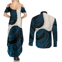 Blue Galaxy Polynesia Tribal Octopus Tattoo Couples Matching Summer Maxi Dress and Long Sleeve Button Shirt Pikake Lei Polynesian Pattern