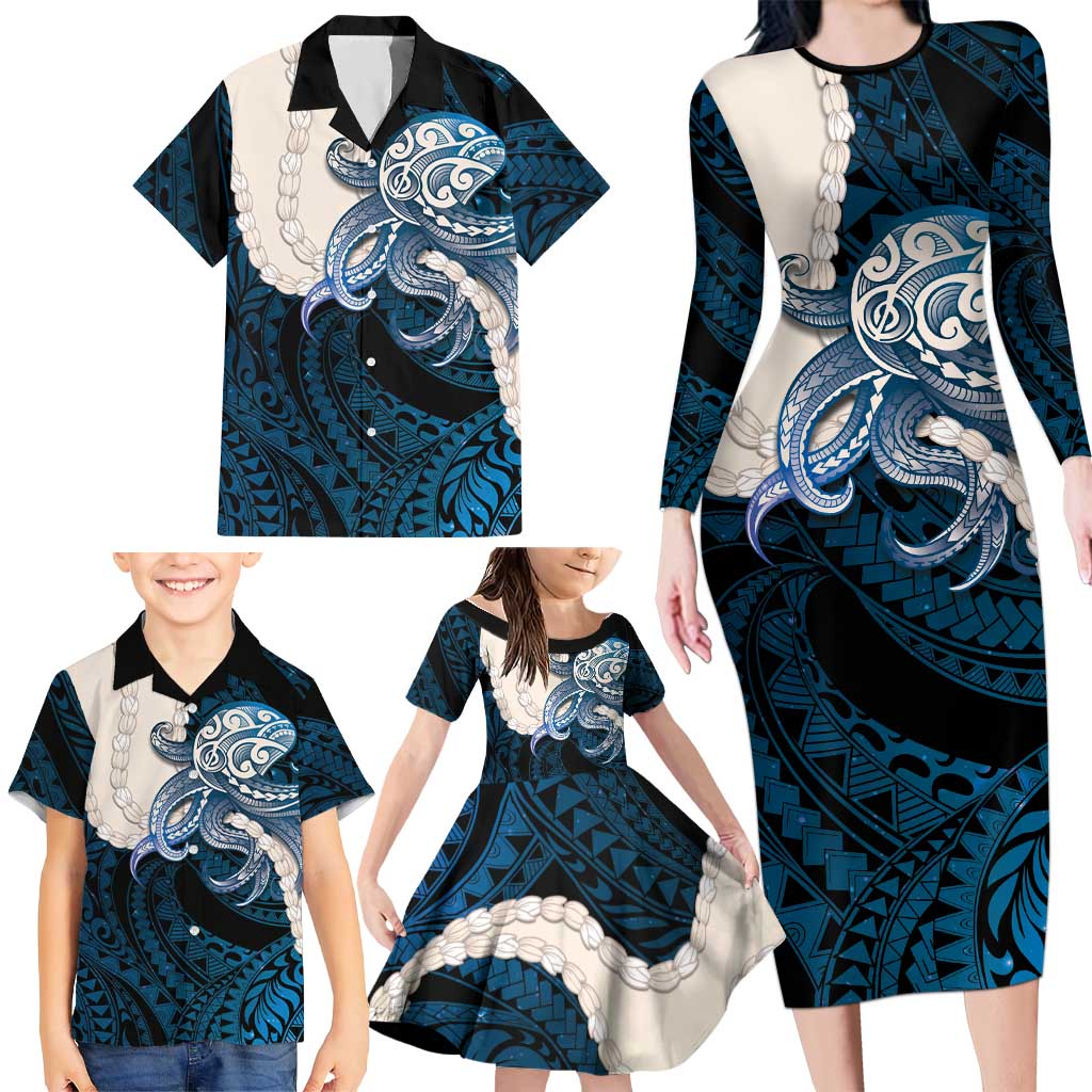 Blue Galaxy Polynesia Tribal Octopus Tattoo Family Matching Long Sleeve Bodycon Dress and Hawaiian Shirt Pikake Lei Polynesian Pattern LT14 - Polynesian Pride
