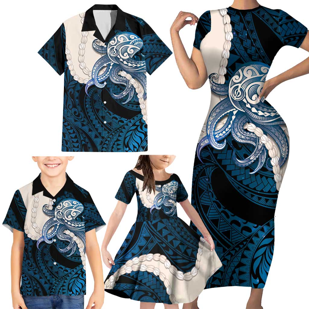 Blue Galaxy Polynesia Tribal Octopus Tattoo Family Matching Short Sleeve Bodycon Dress and Hawaiian Shirt Pikake Lei Polynesian Pattern LT14 - Polynesian Pride