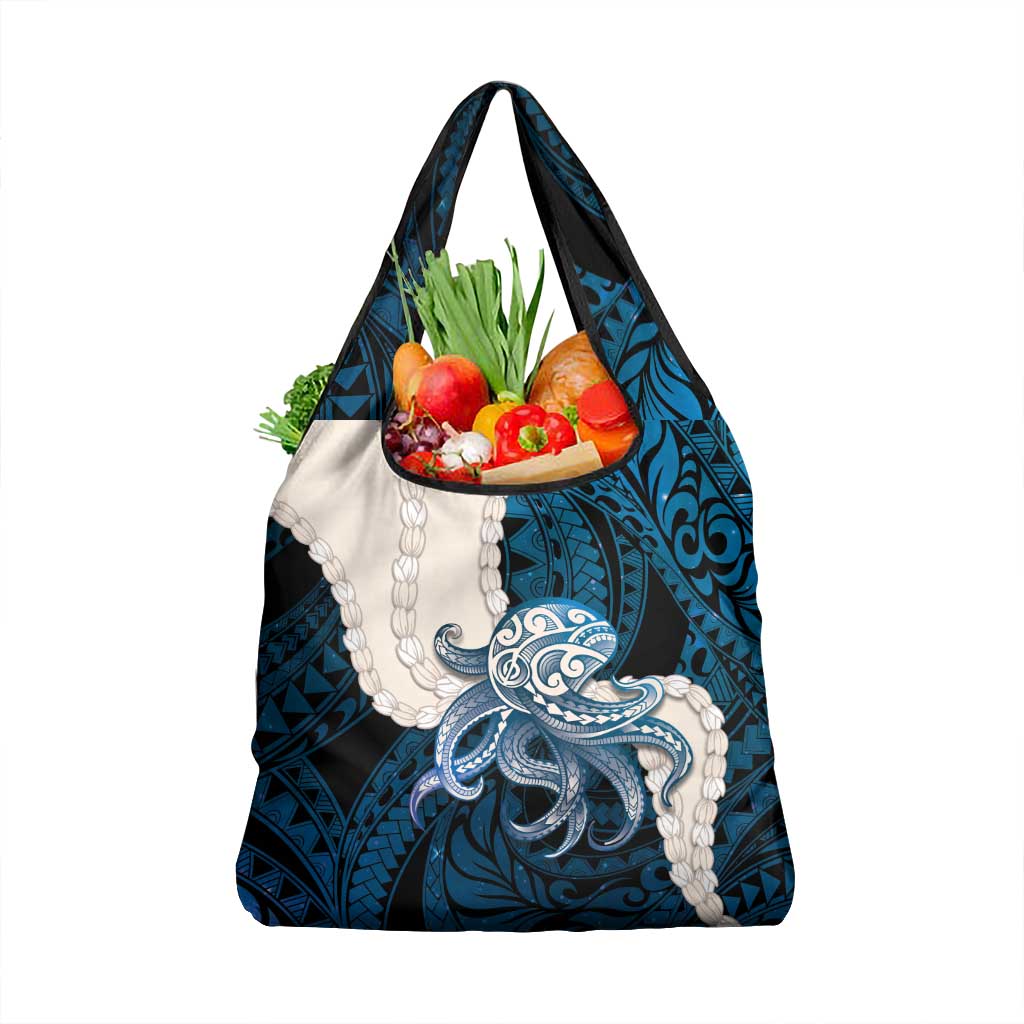 Blue Galaxy Polynesia Tribal Octopus Tattoo Grocery Bag Pikake Lei Polynesian Pattern