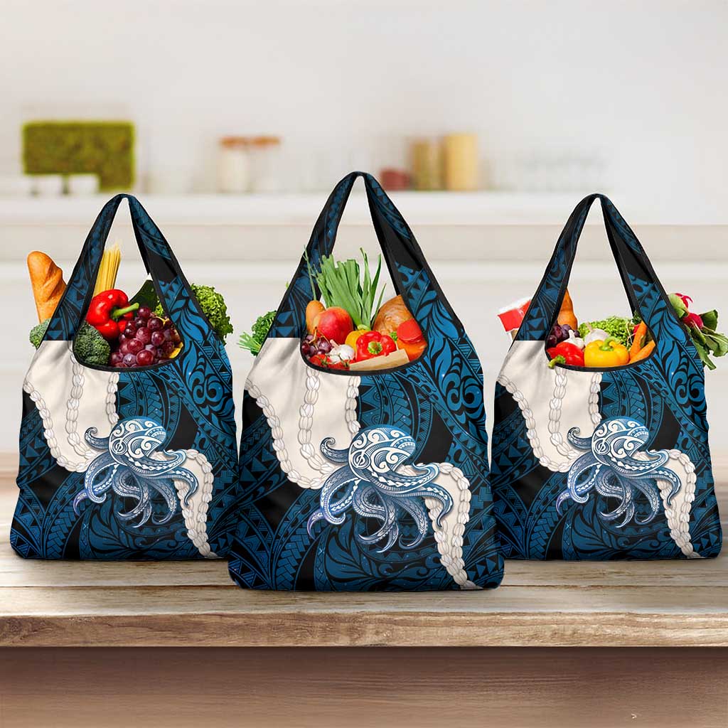 Blue Galaxy Polynesia Tribal Octopus Tattoo Grocery Bag Pikake Lei Polynesian Pattern