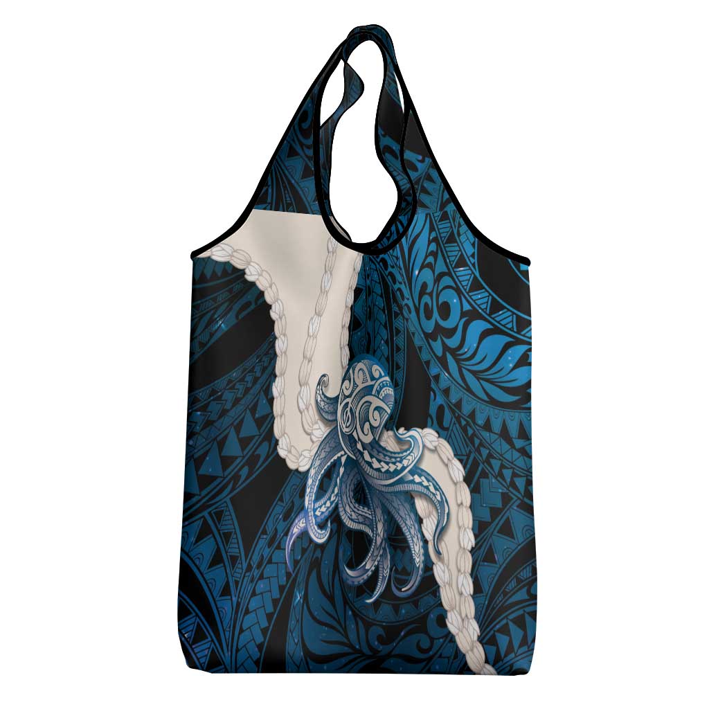Blue Galaxy Polynesia Tribal Octopus Tattoo Grocery Bag Pikake Lei Polynesian Pattern