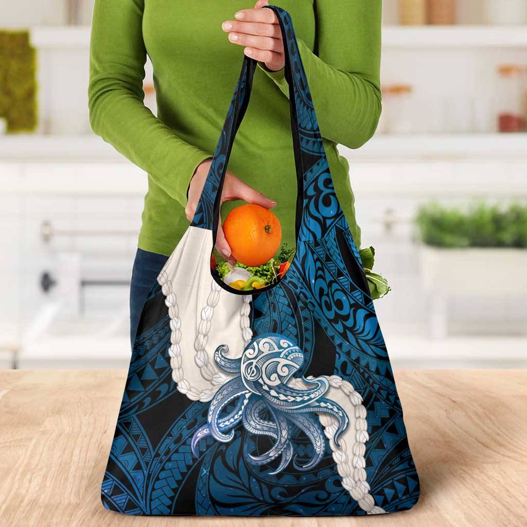 Blue Galaxy Polynesia Tribal Octopus Tattoo Grocery Bag Pikake Lei Polynesian Pattern
