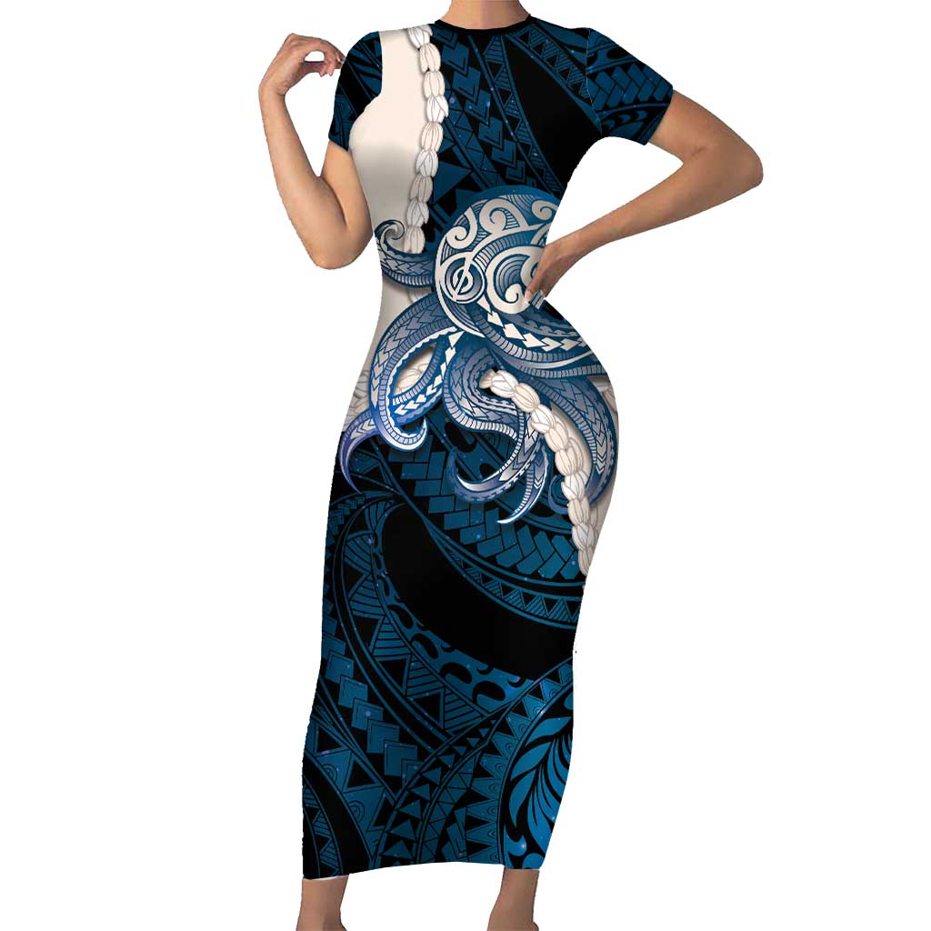 Blue Galaxy Polynesia Tribal Octopus Tattoo Short Sleeve Bodycon Dress Pikake Lei Polynesian Pattern