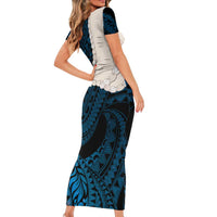 Blue Galaxy Polynesia Tribal Octopus Tattoo Short Sleeve Bodycon Dress Pikake Lei Polynesian Pattern