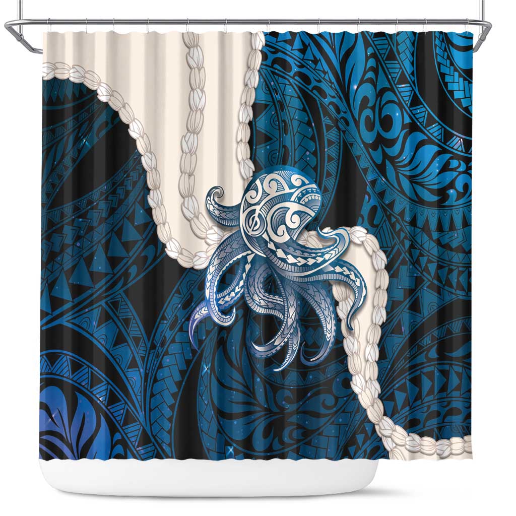 Blue Galaxy Polynesia Tribal Octopus Tattoo Shower Curtain Pikake Lei Polynesian Pattern