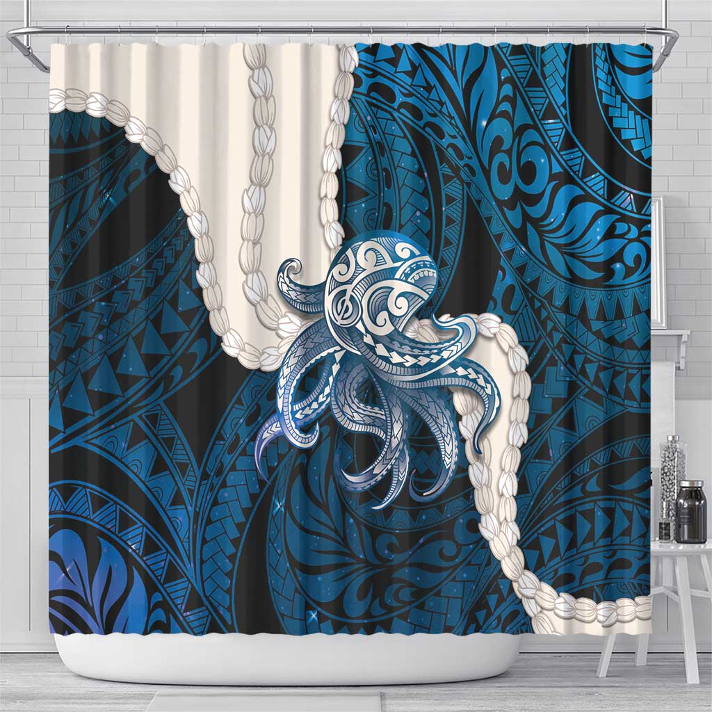 Blue Galaxy Polynesia Tribal Octopus Tattoo Shower Curtain Pikake Lei Polynesian Pattern