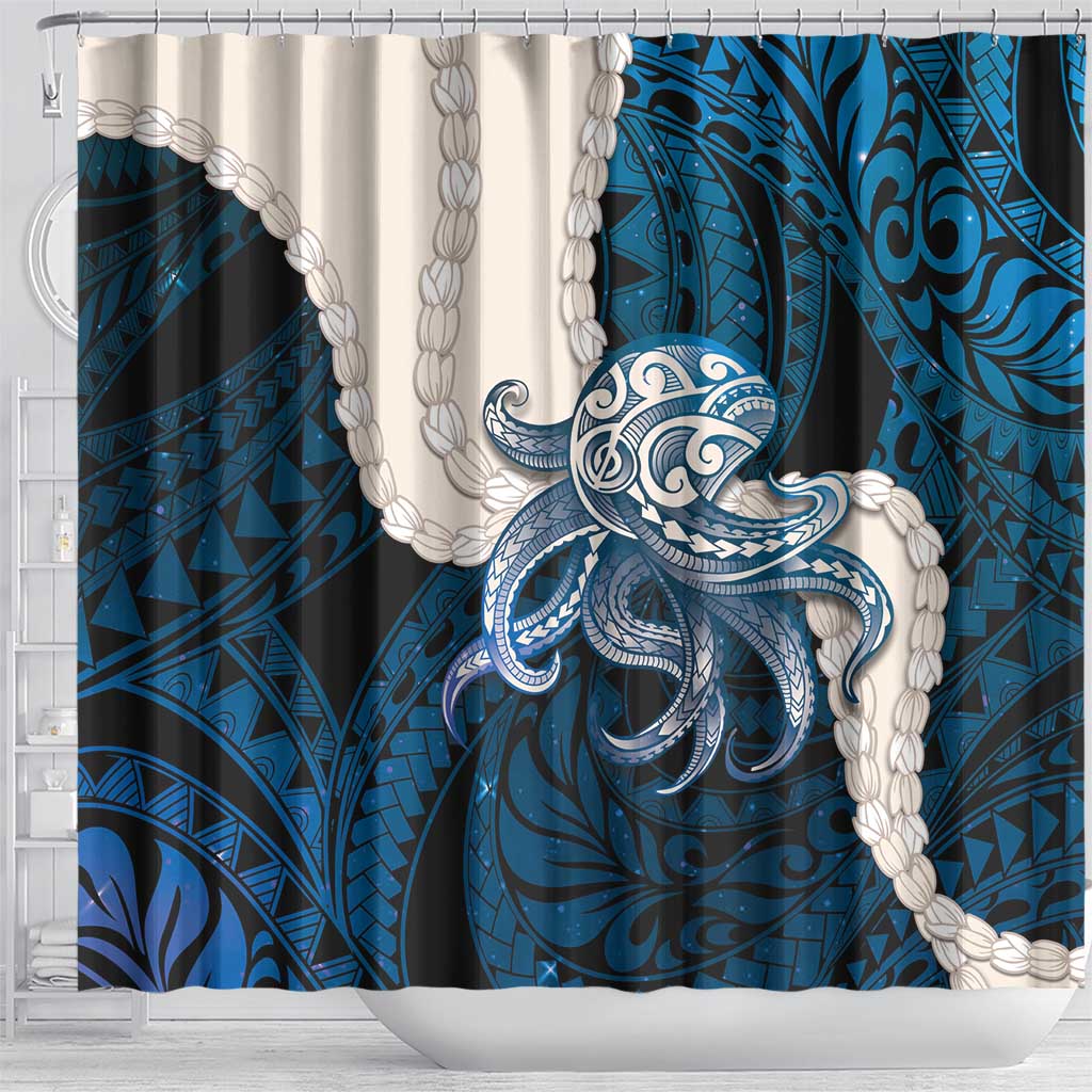 Blue Galaxy Polynesia Tribal Octopus Tattoo Shower Curtain Pikake Lei Polynesian Pattern