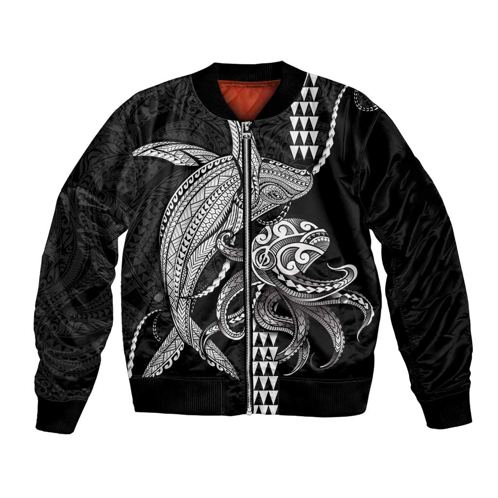 Kanaloa Aloha Hawaii Bomber Jacket Humpback Whale Octopus Tattoo Kakau Pattern LT14 Unisex Black - Polynesian Pride