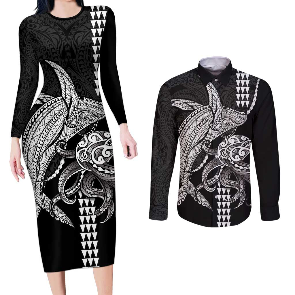 Kanaloa Aloha Hawaii Couples Matching Long Sleeve Bodycon Dress and Long Sleeve Button Shirt Humpback Whale Octopus Tattoo Kakau Pattern
