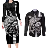 Kanaloa Aloha Hawaii Couples Matching Long Sleeve Bodycon Dress and Long Sleeve Button Shirt Humpback Whale Octopus Tattoo Kakau Pattern