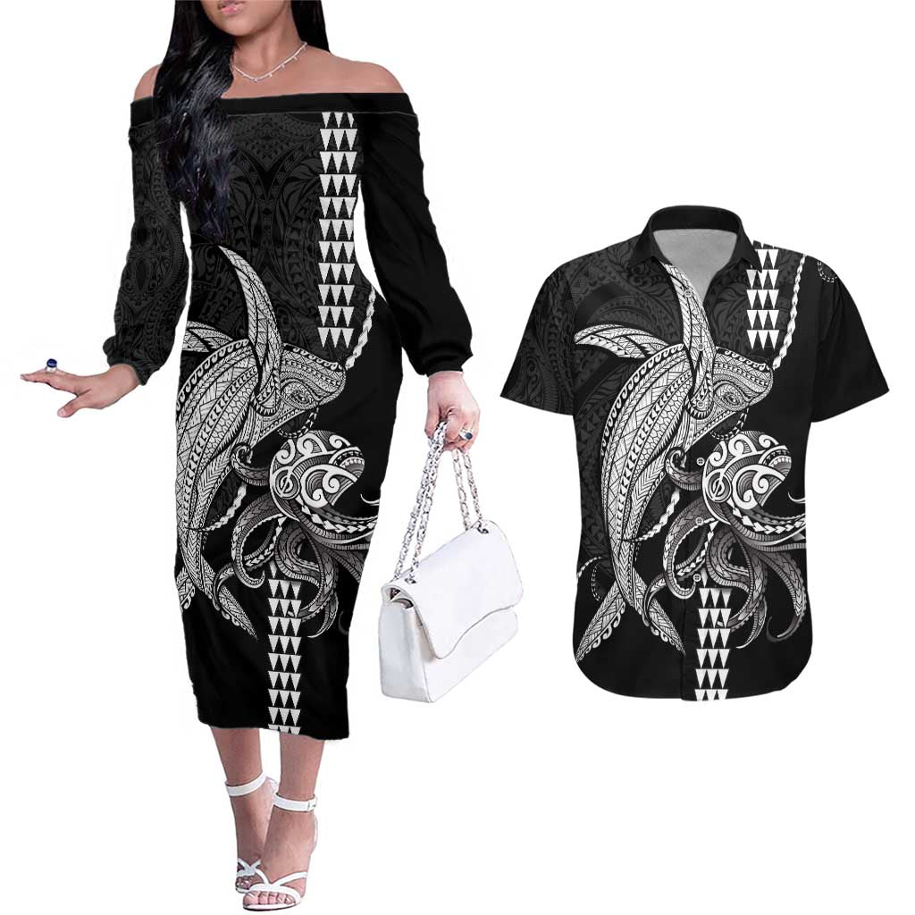 Kanaloa Aloha Hawaii Couples Matching Off The Shoulder Long Sleeve Dress and Hawaiian Shirt Humpback Whale Octopus Tattoo Kakau Pattern LT14 Black - Polynesian Pride