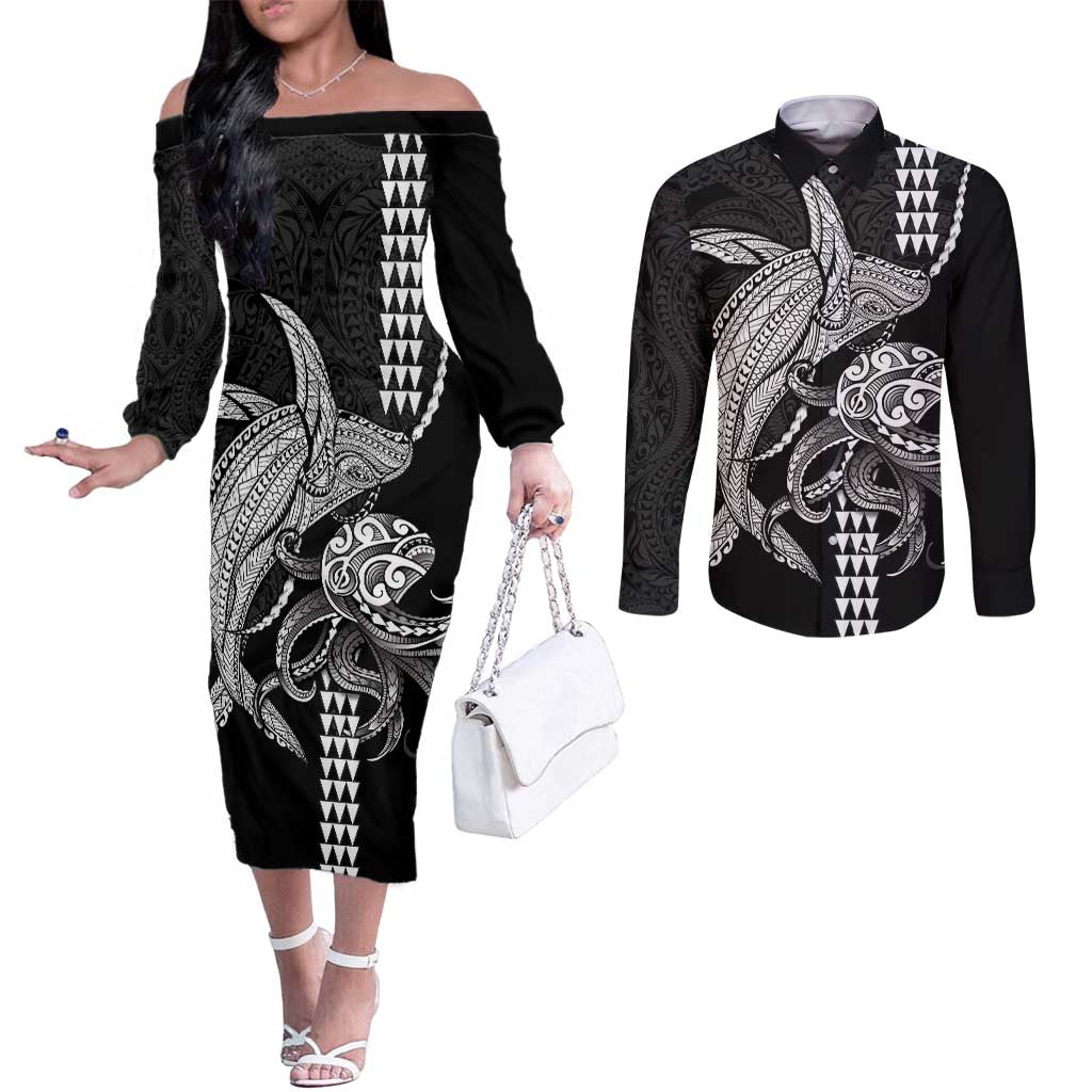 Kanaloa Aloha Hawaii Couples Matching Off The Shoulder Long Sleeve Dress and Long Sleeve Button Shirt Humpback Whale Octopus Tattoo Kakau Pattern