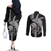 Kanaloa Aloha Hawaii Couples Matching Off The Shoulder Long Sleeve Dress and Long Sleeve Button Shirt Humpback Whale Octopus Tattoo Kakau Pattern