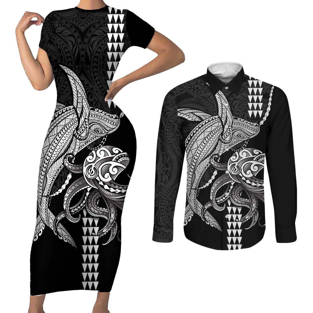 Kanaloa Aloha Hawaii Couples Matching Short Sleeve Bodycon Dress and Long Sleeve Button Shirt Humpback Whale Octopus Tattoo Kakau Pattern