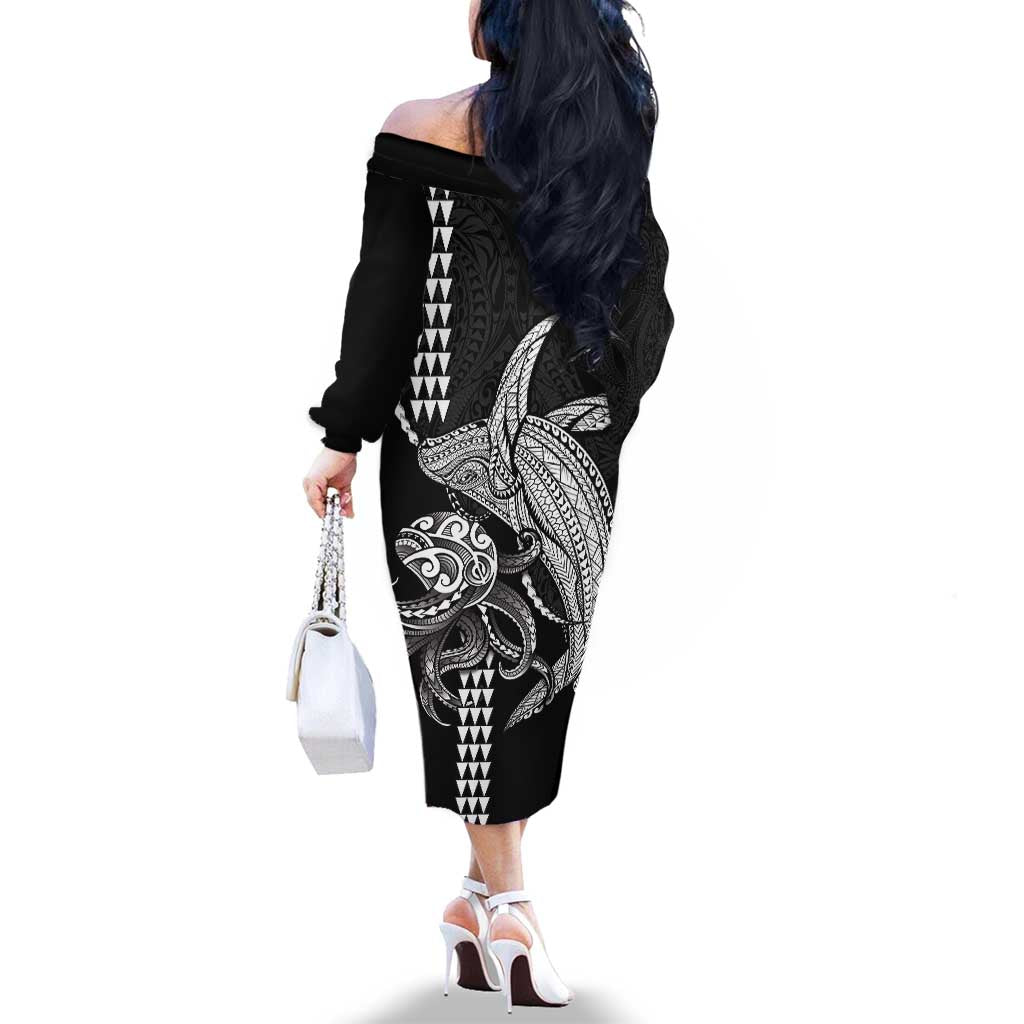 Kanaloa Aloha Hawaii Family Matching Off The Shoulder Long Sleeve Dress and Hawaiian Shirt Humpback Whale Octopus Tattoo Kakau Pattern LT14 - Polynesian Pride