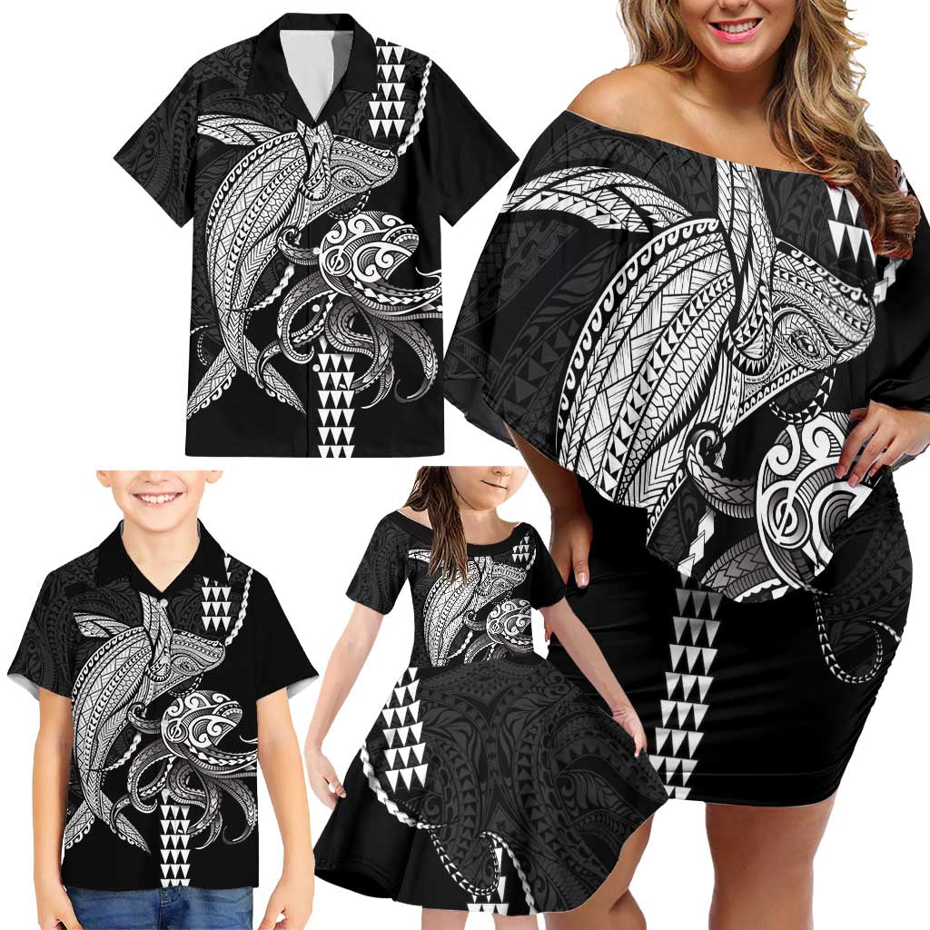 Kanaloa Aloha Hawaii Family Matching Off Shoulder Short Dress and Hawaiian Shirt Humpback Whale Octopus Tattoo Kakau Pattern LT14 - Polynesian Pride