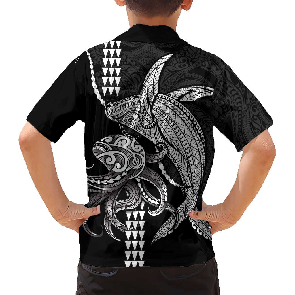 Kanaloa Aloha Hawaii Family Matching Short Sleeve Bodycon Dress and Hawaiian Shirt Humpback Whale Octopus Tattoo Kakau Pattern