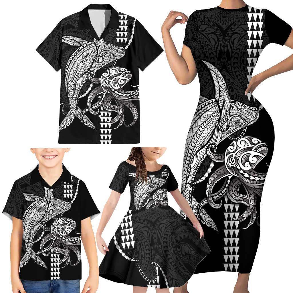 Kanaloa Aloha Hawaii Family Matching Short Sleeve Bodycon Dress and Hawaiian Shirt Humpback Whale Octopus Tattoo Kakau Pattern