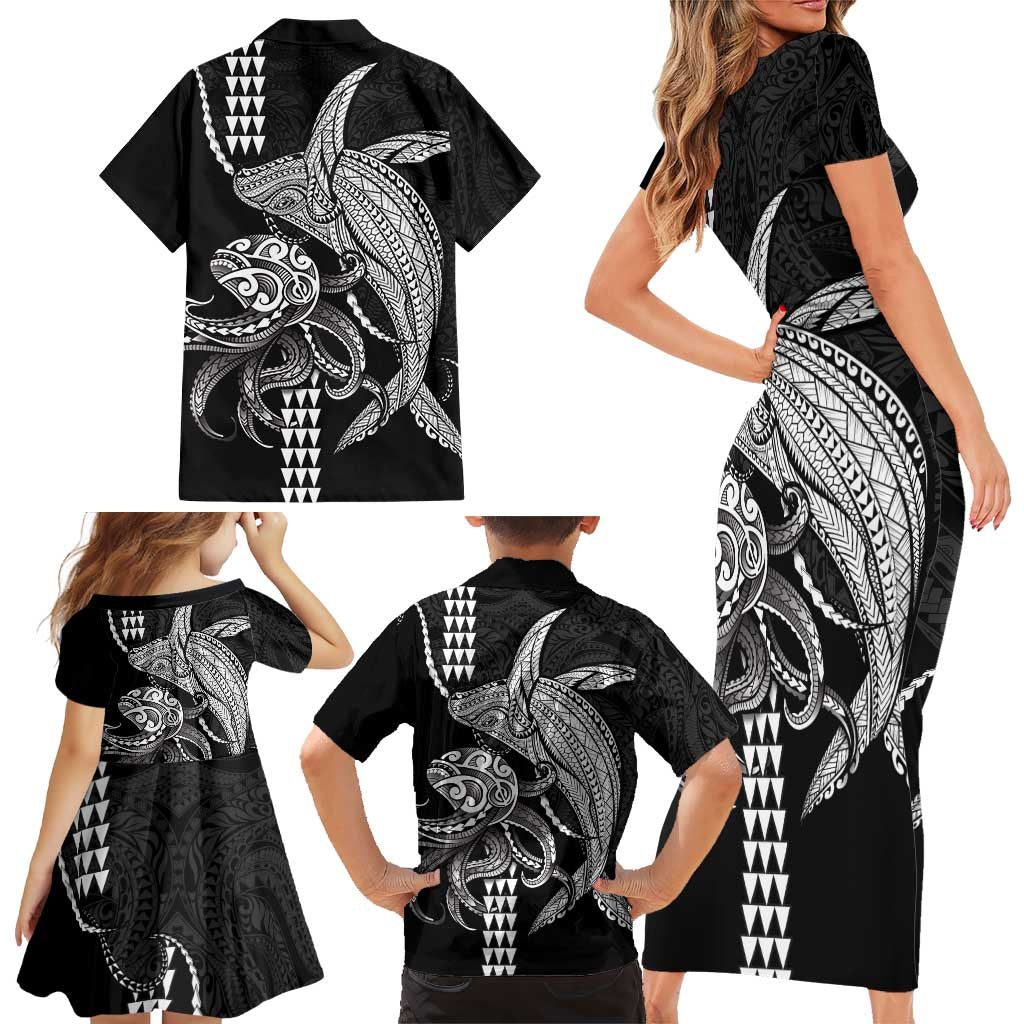 Kanaloa Aloha Hawaii Family Matching Short Sleeve Bodycon Dress and Hawaiian Shirt Humpback Whale Octopus Tattoo Kakau Pattern
