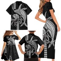 Kanaloa Aloha Hawaii Family Matching Short Sleeve Bodycon Dress and Hawaiian Shirt Humpback Whale Octopus Tattoo Kakau Pattern