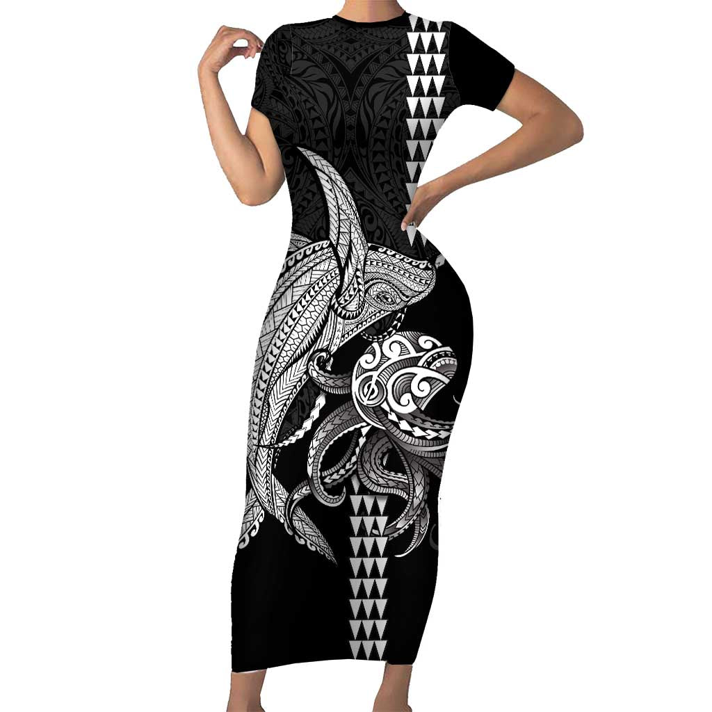 Kanaloa Aloha Hawaii Family Matching Short Sleeve Bodycon Dress and Hawaiian Shirt Humpback Whale Octopus Tattoo Kakau Pattern