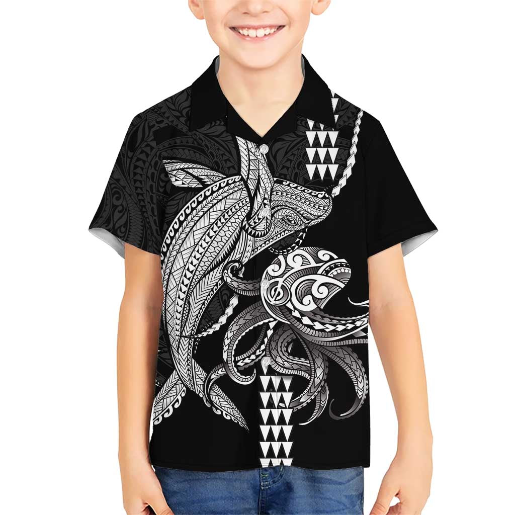 Kanaloa Aloha Hawaii Family Matching Short Sleeve Bodycon Dress and Hawaiian Shirt Humpback Whale Octopus Tattoo Kakau Pattern