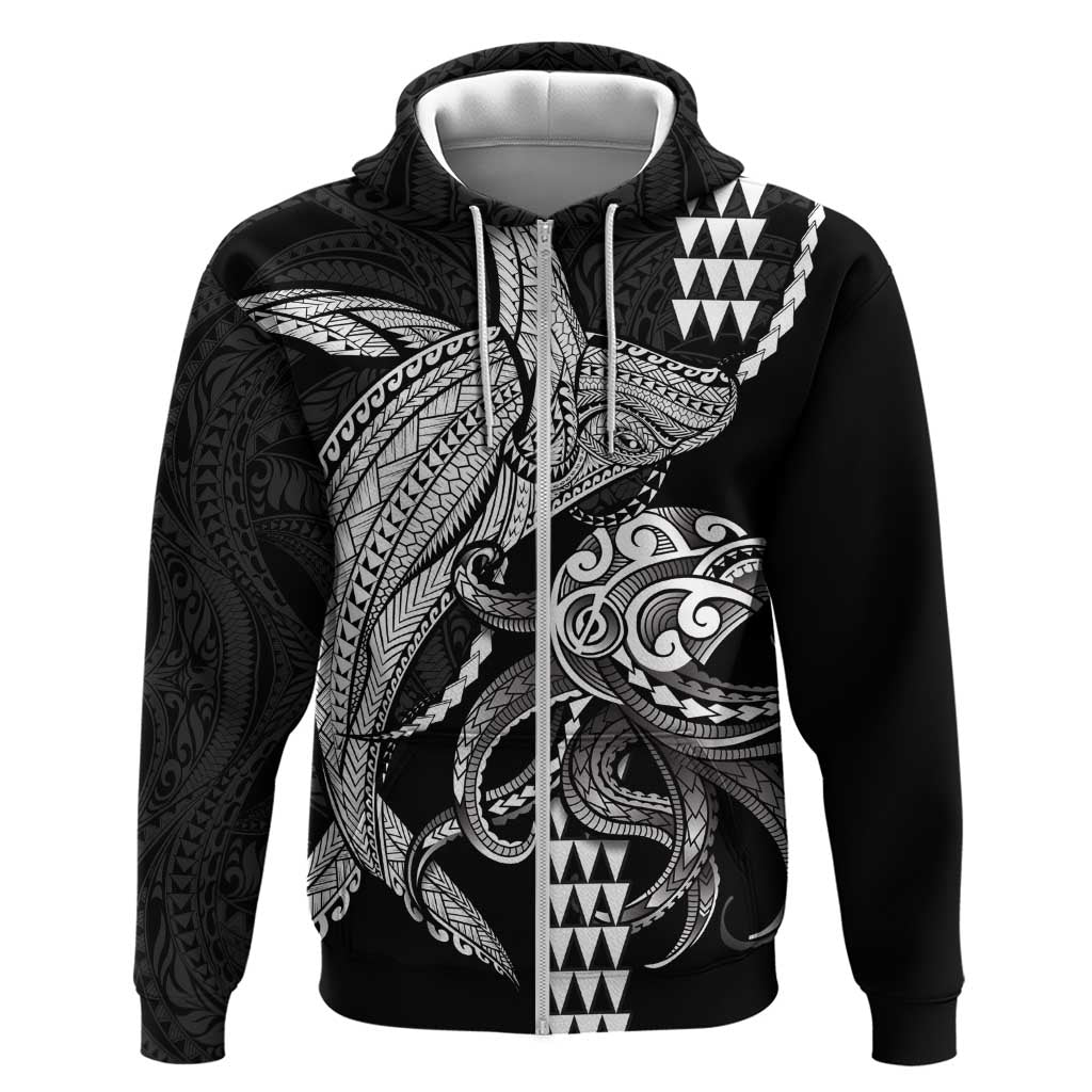 Kanaloa Aloha Hawaii Hoodie Humpback Whale Octopus Tattoo Kakau Pattern LT14 Zip Hoodie Black - Polynesian Pride