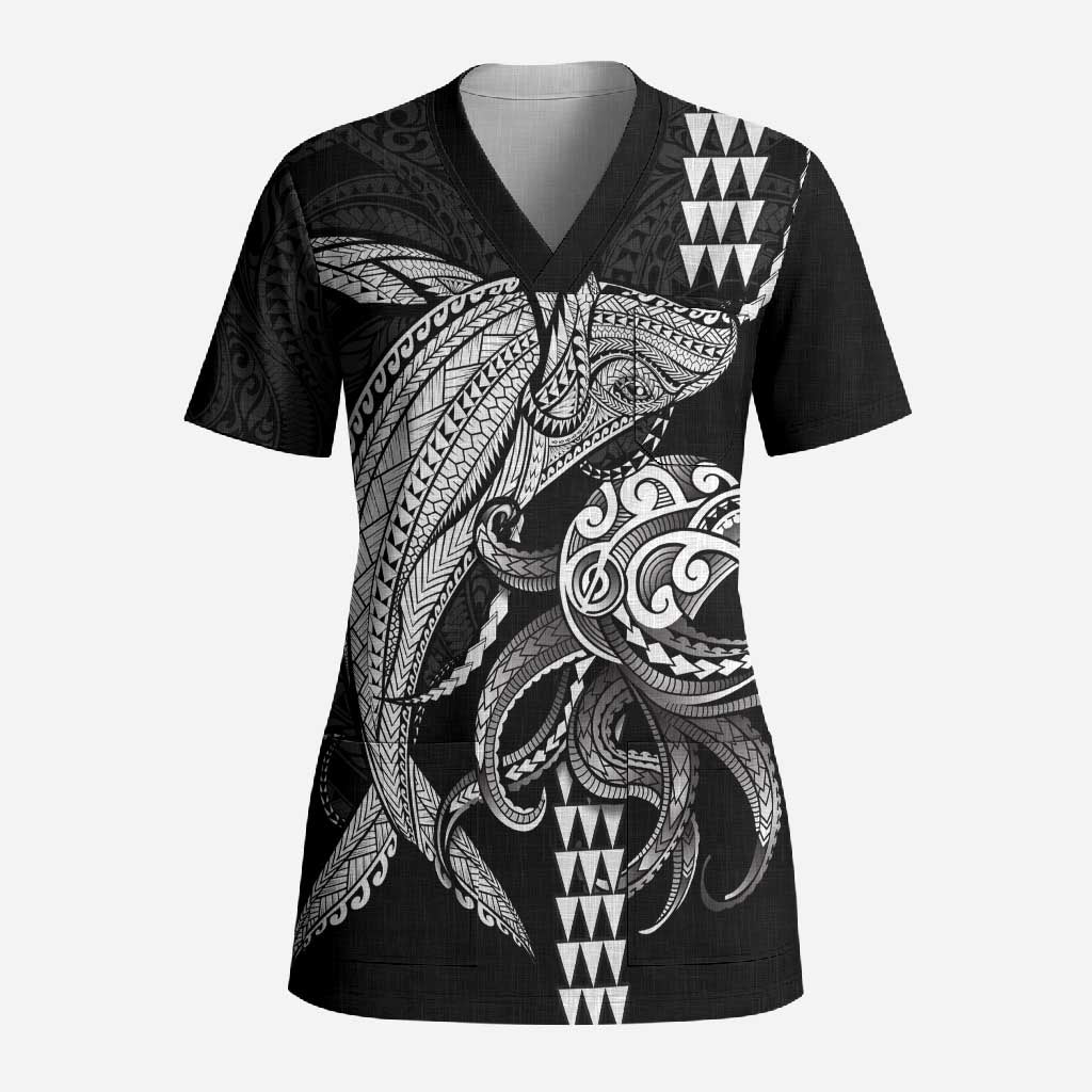 Kanaloa Aloha Hawaii Scrub Top Humpback Whale Octopus Tattoo Kakau Pattern LT14 Adult Black - Polynesian Pride