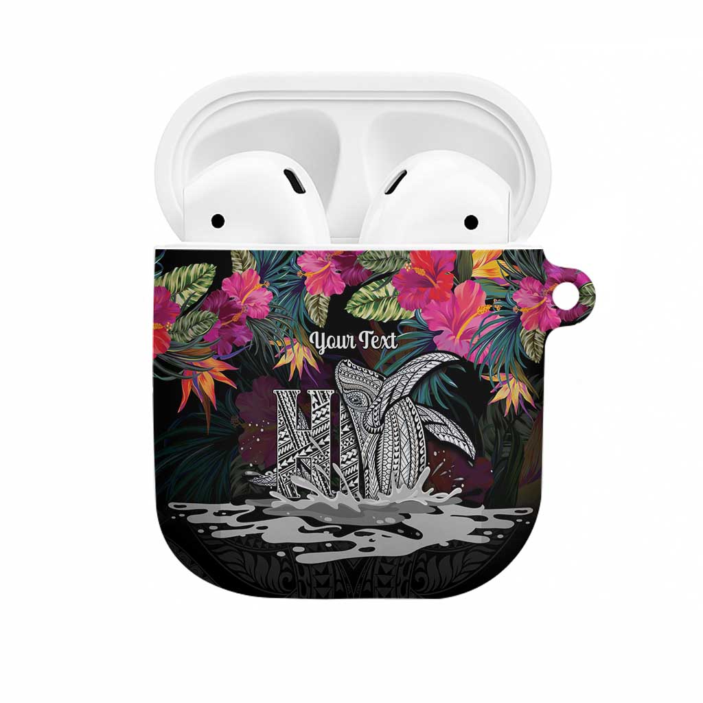 Personalised Hawaii AirPods Case Humpback Whale Tattoo With Tropical Flowers Black