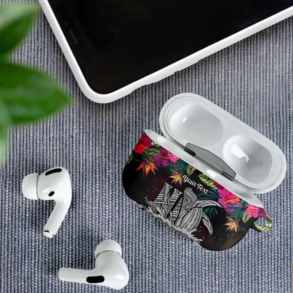Personalised Hawaii AirPods Case Humpback Whale Tattoo With Tropical Flowers Black LT14 - Polynesian Pride