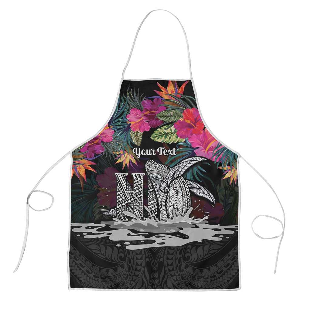 Personalised Hawaii Apron Humpback Whale Tattoo With Tropical Flowers Black LT14 Black - Polynesian Pride