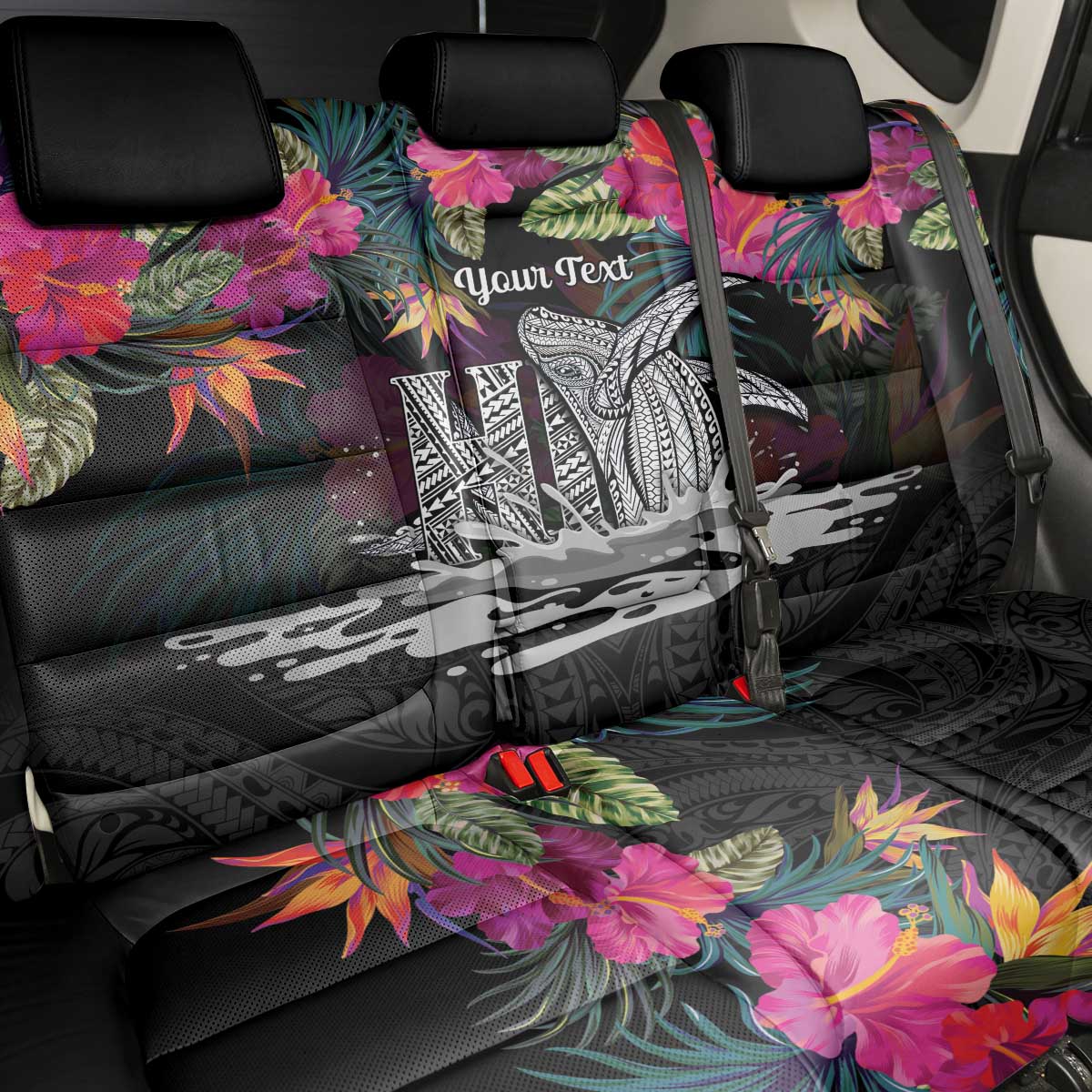 Personalised Hawaii Back Car Seat Cover Humpback Whale Tattoo With Tropical Flowers Black LT14 - Polynesian Pride