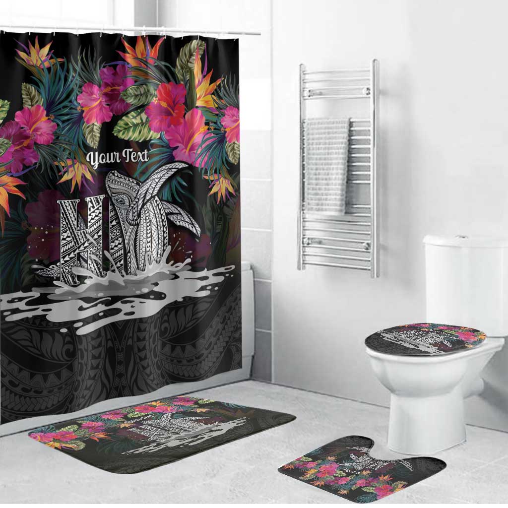 Personalised Hawaii Bathroom Set Humpback Whale Tattoo With Tropical Flowers Black
