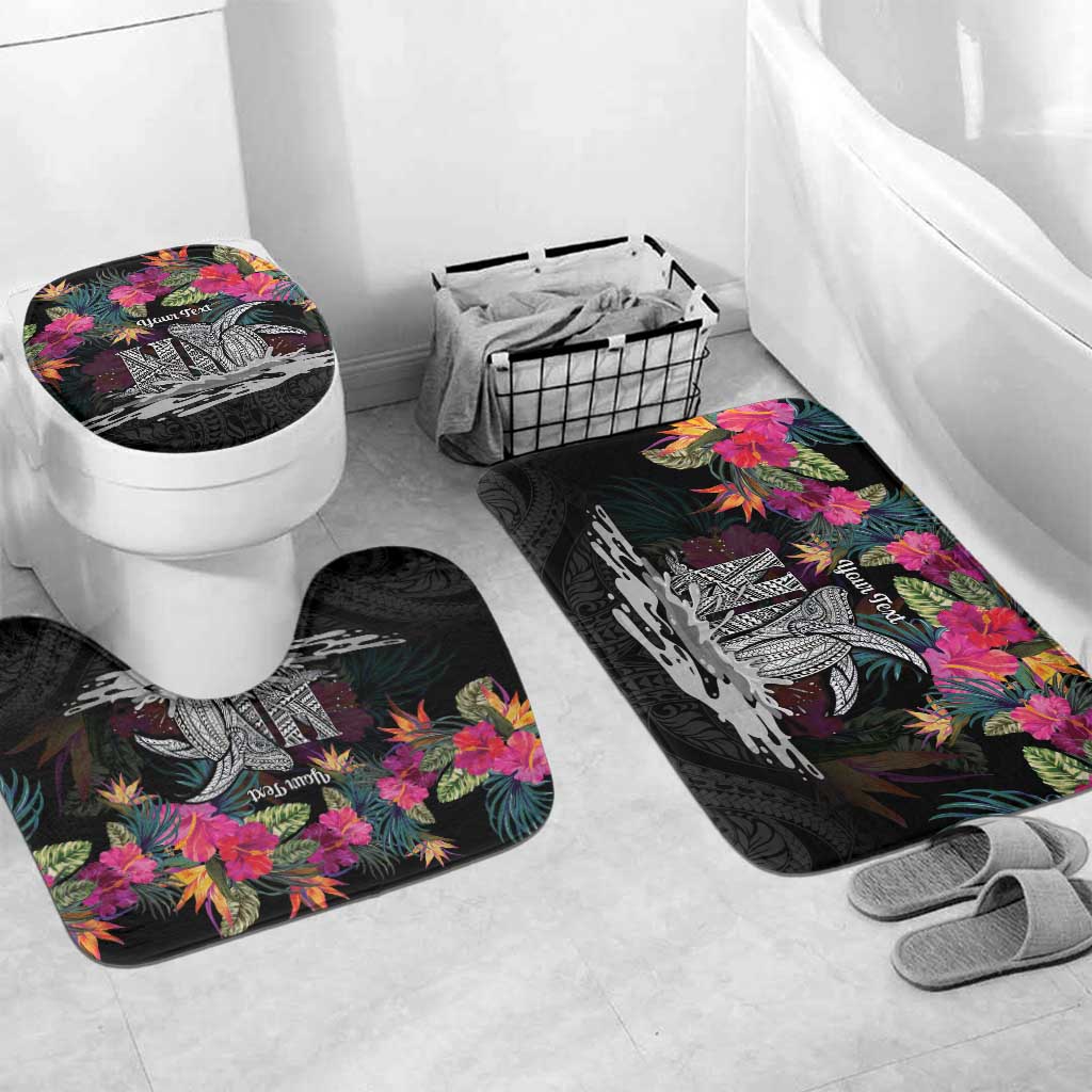 Personalised Hawaii Bathroom Set Humpback Whale Tattoo With Tropical Flowers Black