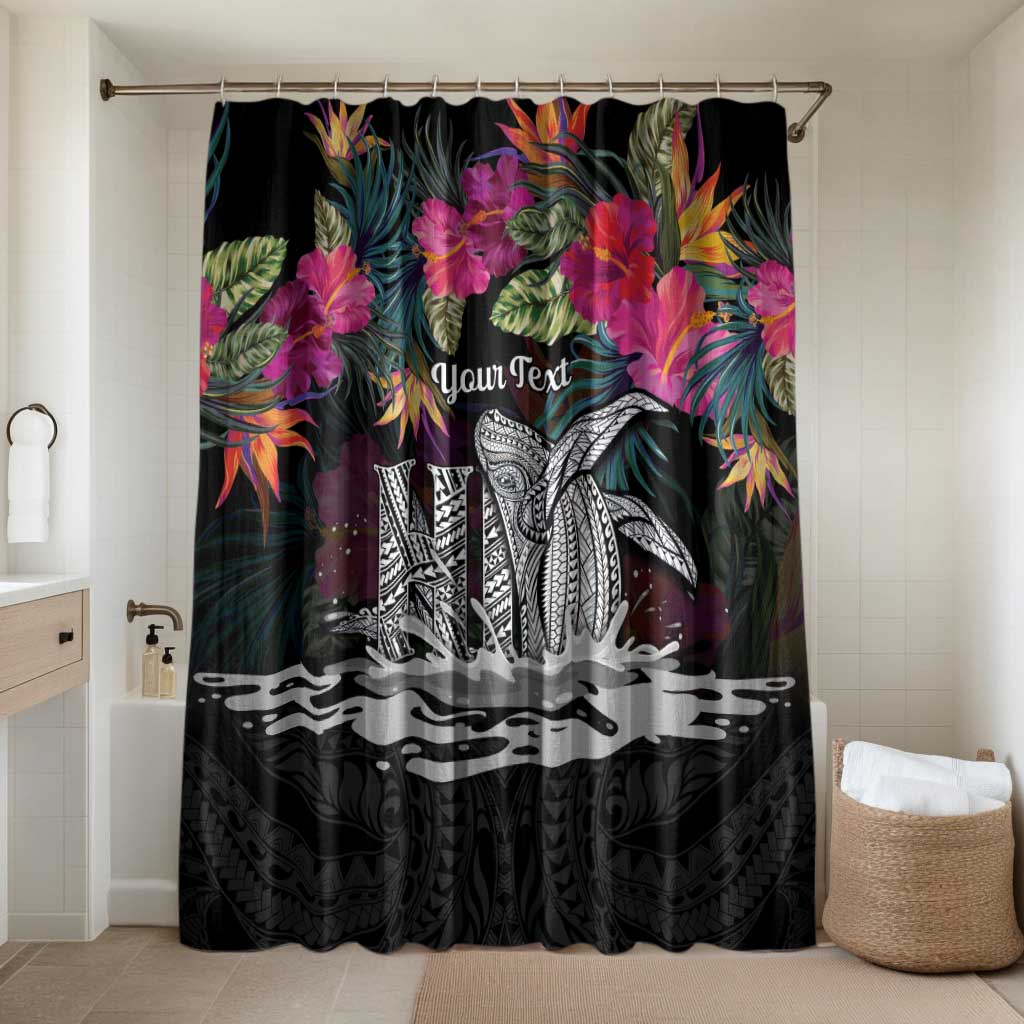 Personalised Hawaii Bathroom Set Humpback Whale Tattoo With Tropical Flowers Black