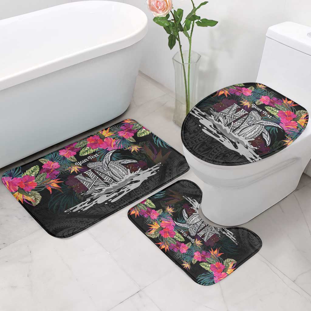 Personalised Hawaii Bathroom Set Humpback Whale Tattoo With Tropical Flowers Black